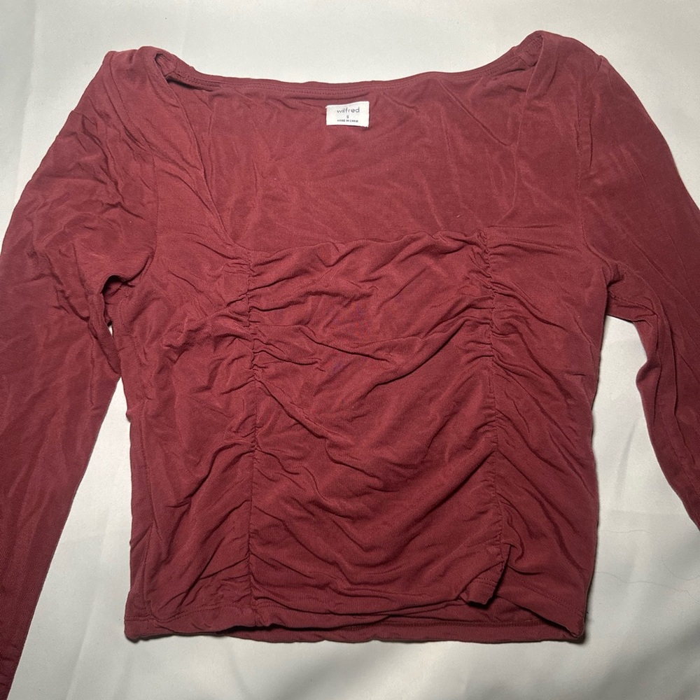 Aritzia Wilfred Burgundy Red Ruched Square Neck Long Sleeve Blouse